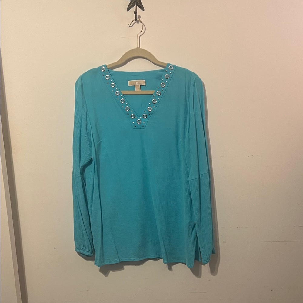 Michael Kors Turquoise Grommet V-Neck Medium Blouse